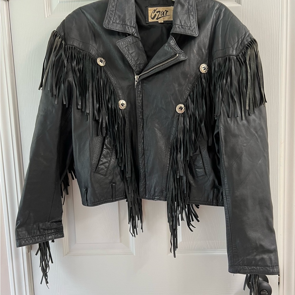 Leather Black Jacket zippered with fringe